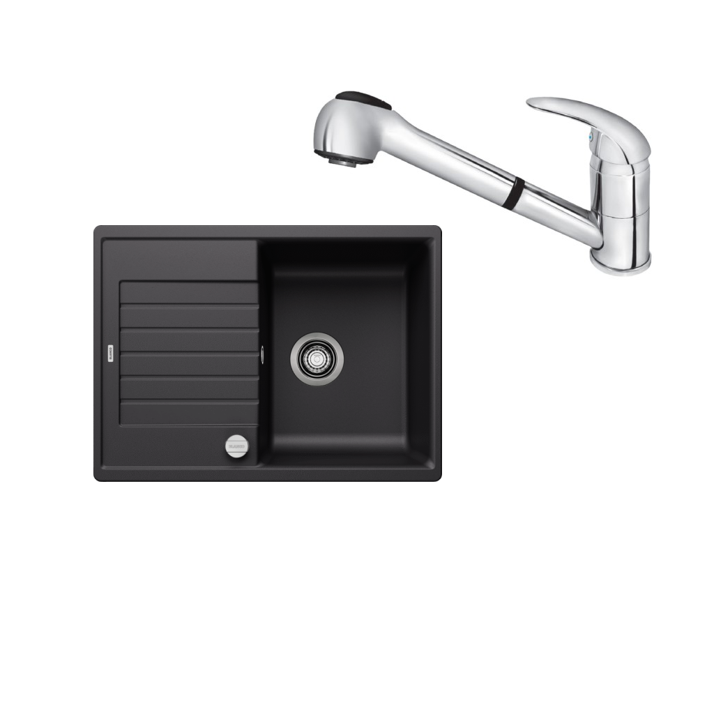 SET307- Gránitový drez Blanco Zia 45 S Compact čierna + Kuchynská batéria Rosan King J385001 chróm