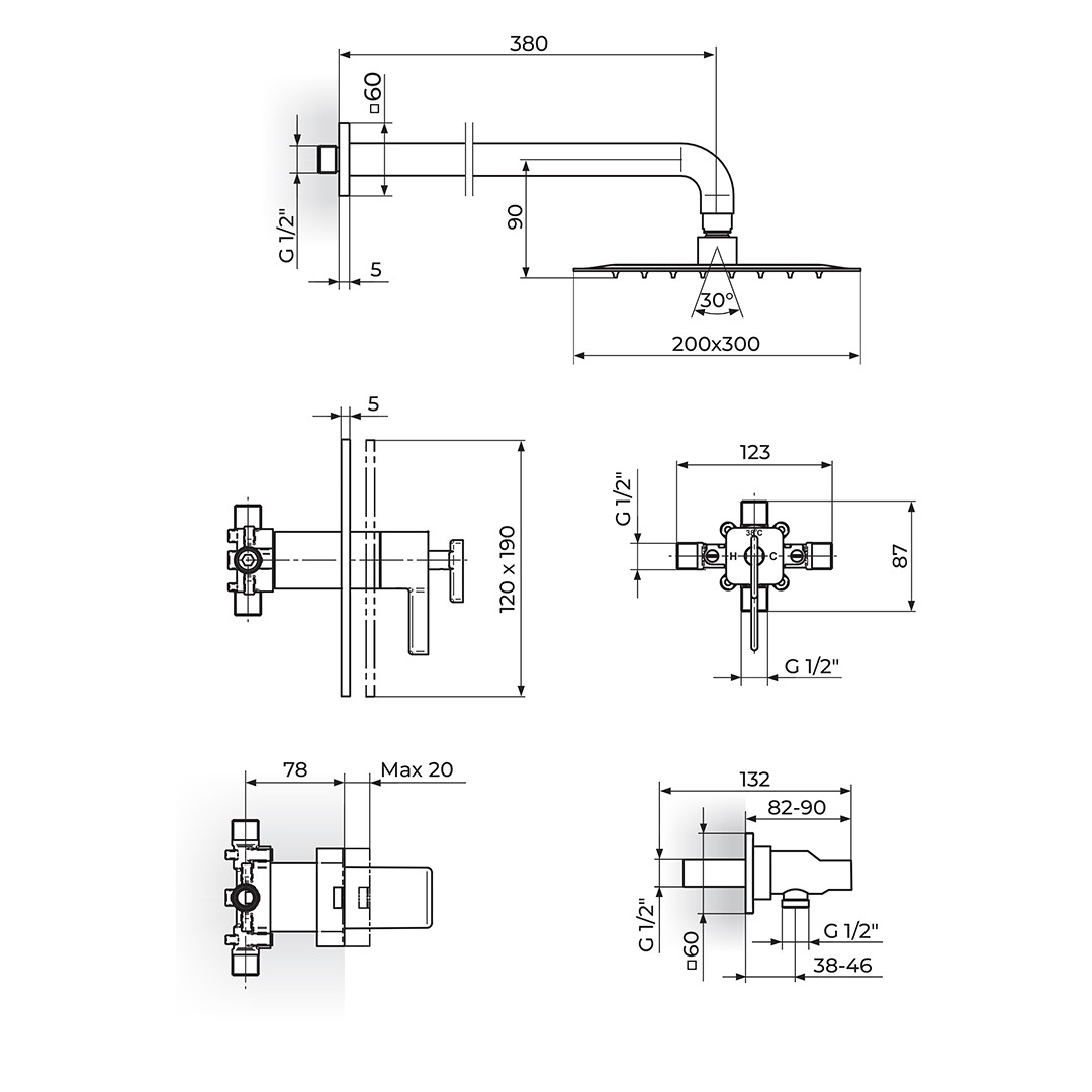 Sprchový set s termostatom pod omietku Rosan S2 Termo 2T31601B čierna