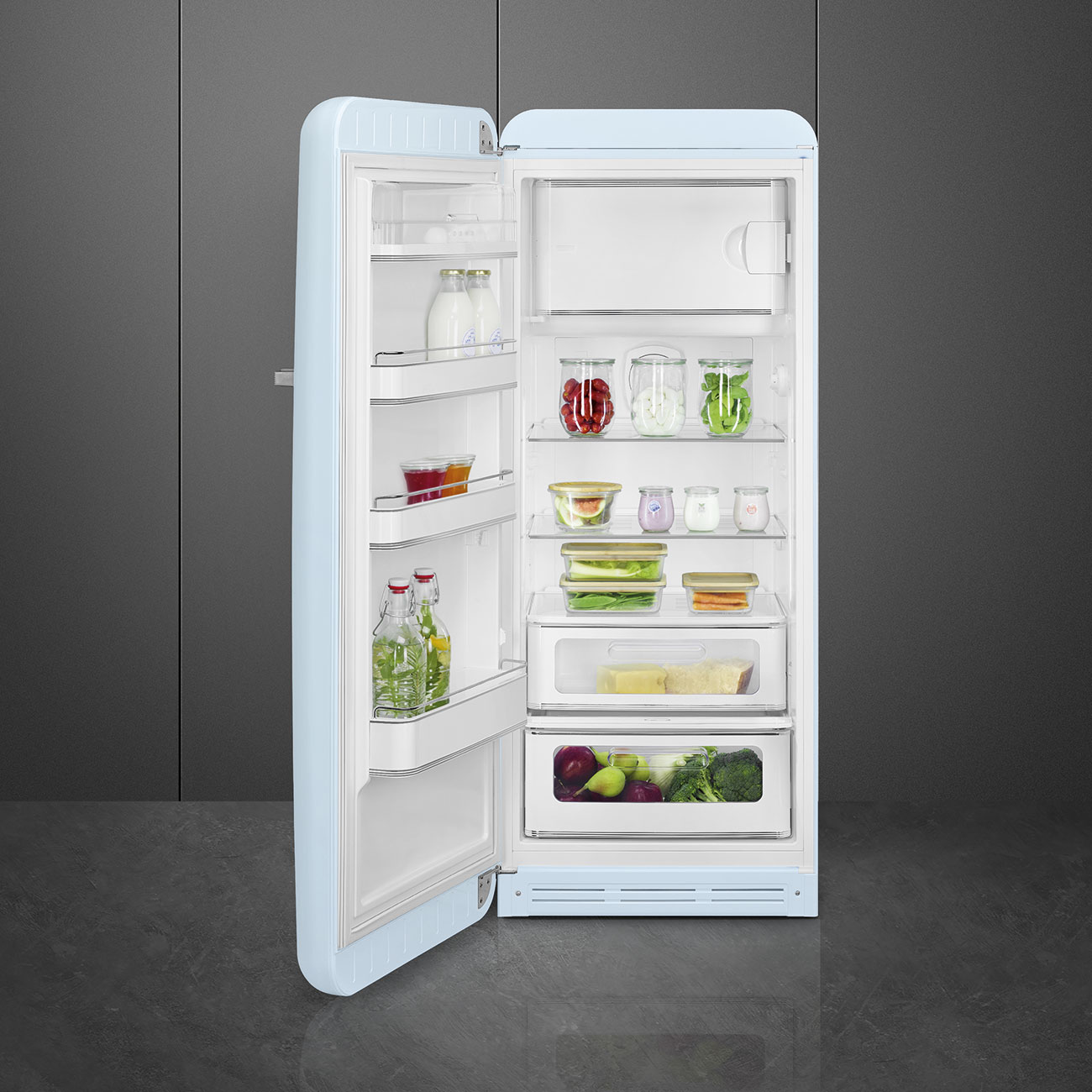 Chladnička s mraziacim boxom Smeg FAB28RPB5 pastel modrá pravý pánt