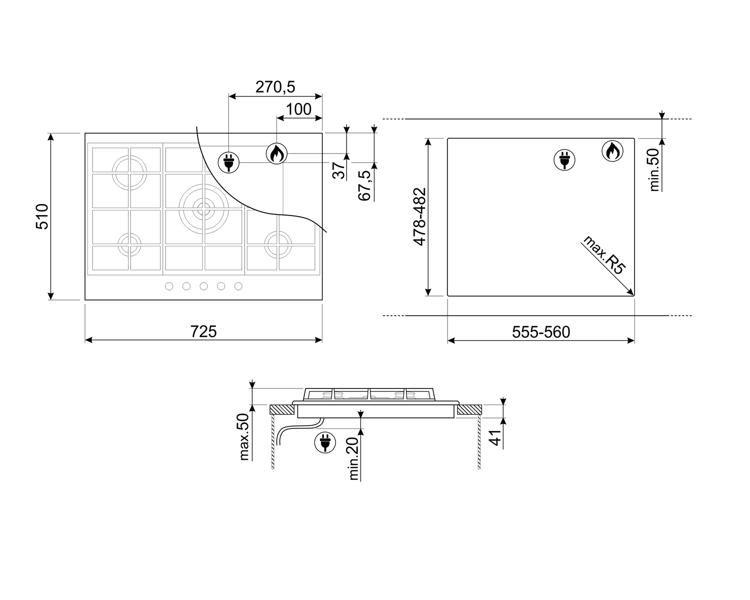 Plynová varná doska Smeg Linea PX175 nerez