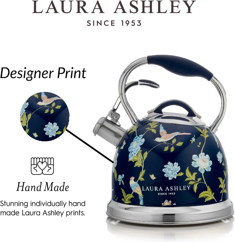 Laura Ashley čajová kanvica na sporák Elveden Navy 3 l – nerezová pískacia kanvica v námorníckej modrej