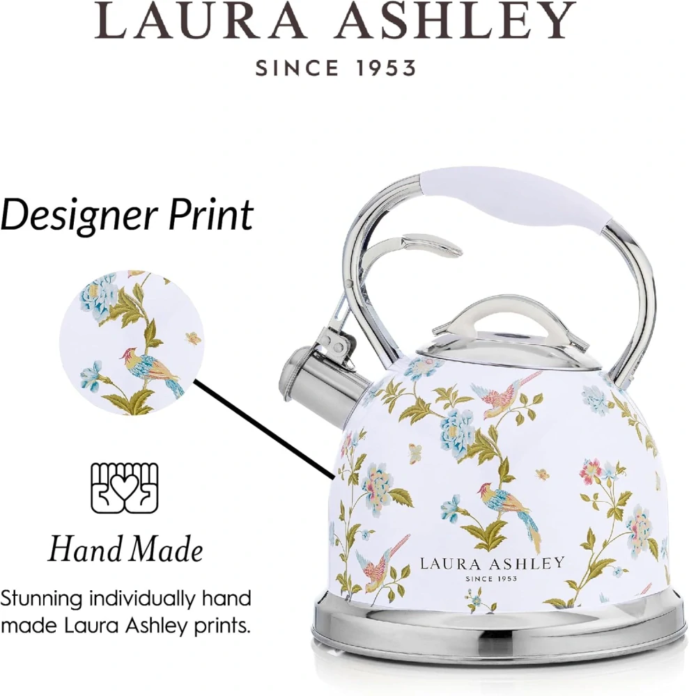 Laura Ashley čajová kanvica na sporák Elveden White 3 l – nerezová pískacia kanvica v bielom elegantnom dizajne