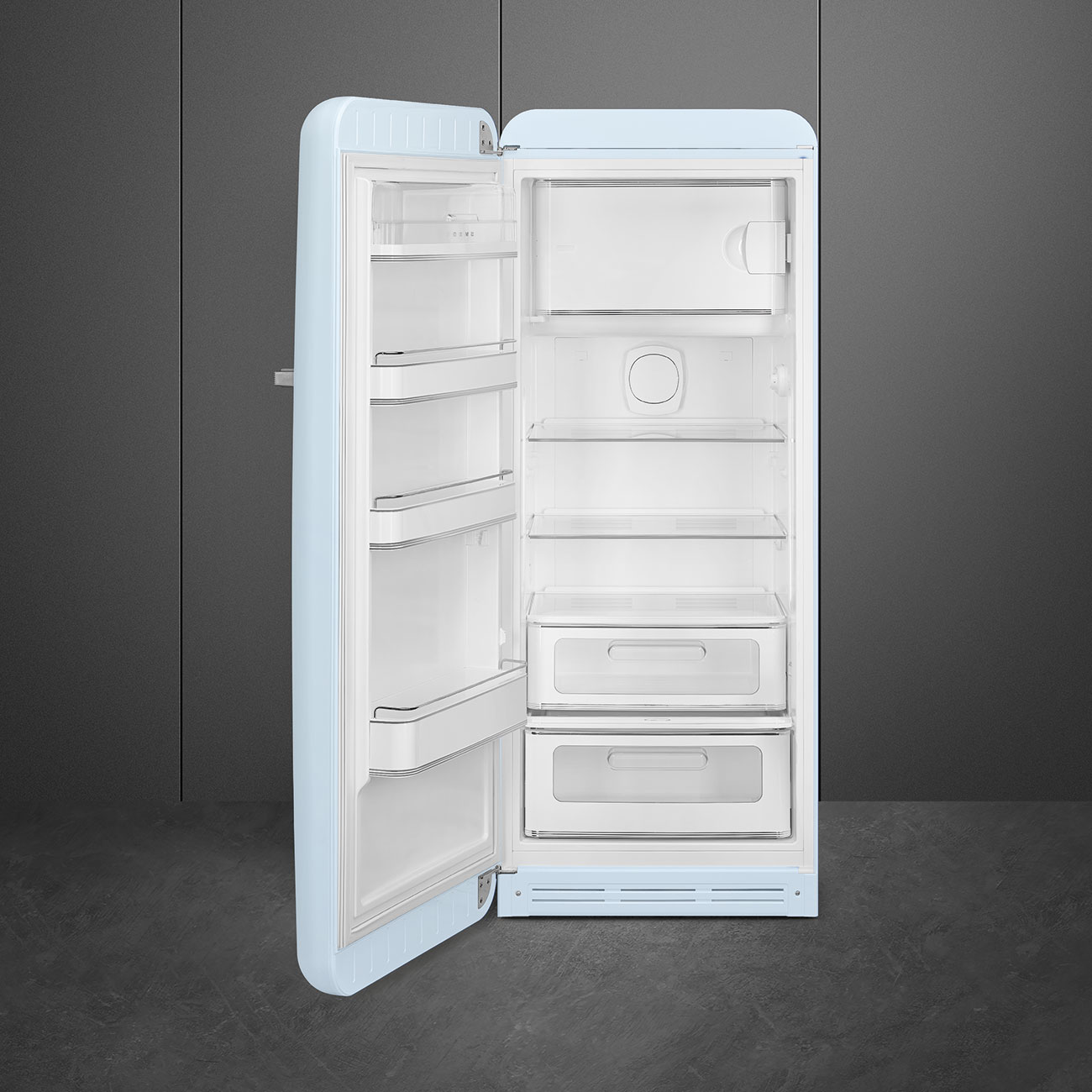 Chladnička s mraziacim boxom Smeg FAB28RPB5 pastel modrá pravý pánt