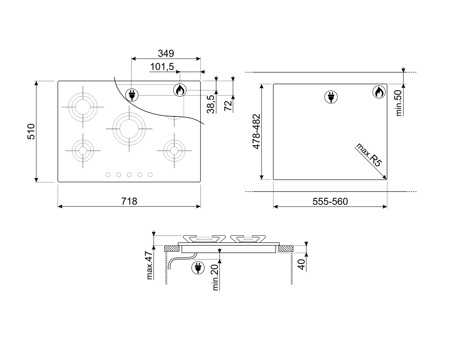 Plynová varná doska Smeg Piano Design P705ES nerez