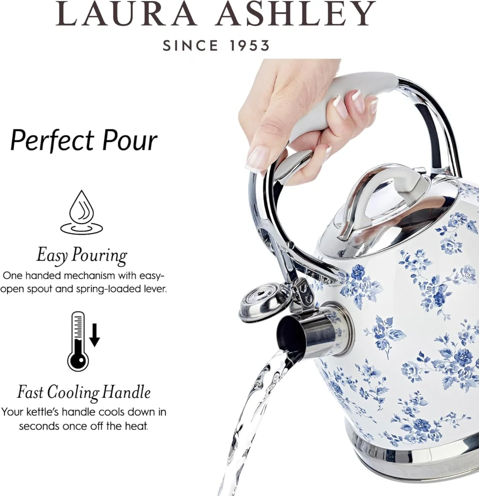 Laura Ashley čajová kanvica na sporák China Rose 3 l – nerezová pískacia kanvica s kvetinovým vzorom