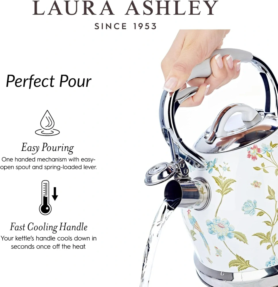 Laura Ashley čajová kanvica na sporák Elveden White 3 l – nerezová pískacia kanvica v bielom elegantnom dizajne