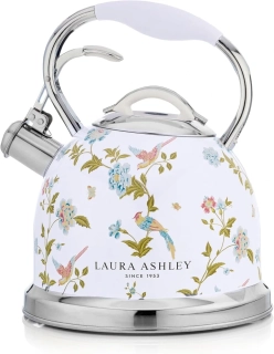 Laura Ashley čajová kanvica na sporák Elveden White 3 l – nerezová pískacia kanvica v bielom elegantnom dizajne